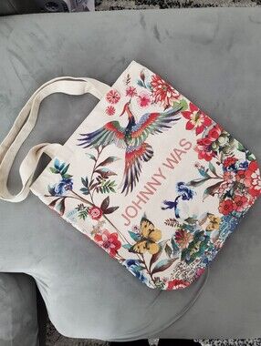 Johnny Was Boho Canvas Tote Bag Floral Bird Butterfly Cream